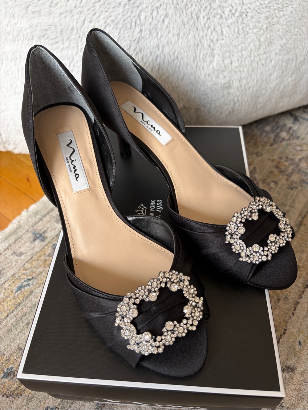 Nina Black Satin Peep-Toe Heels with Crystal Floral Buckles